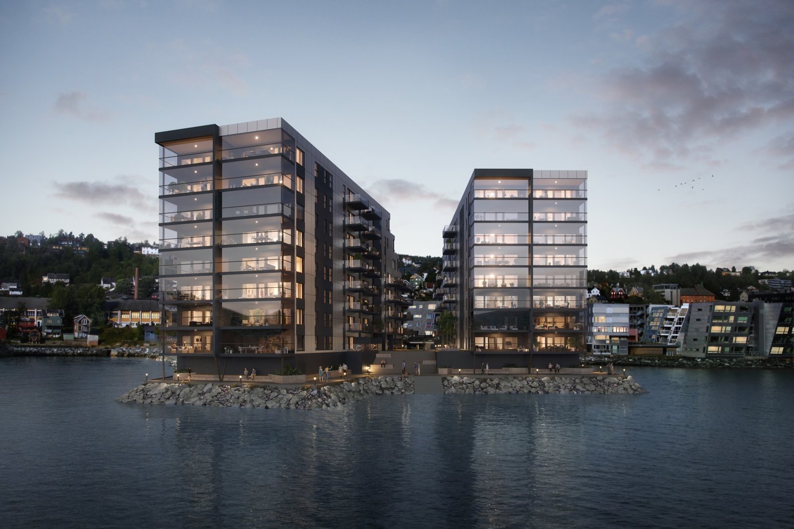 Kveldsvisualisering av Nyholmen sett frontalt fra vannet